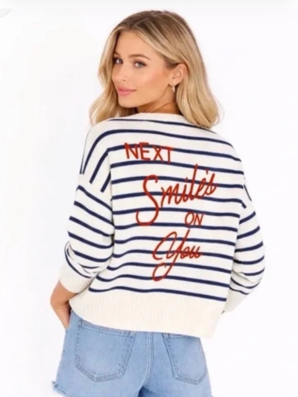 Kerri Rosenthal Next Smile’s On You Stripe Sweater Blue White Size Large